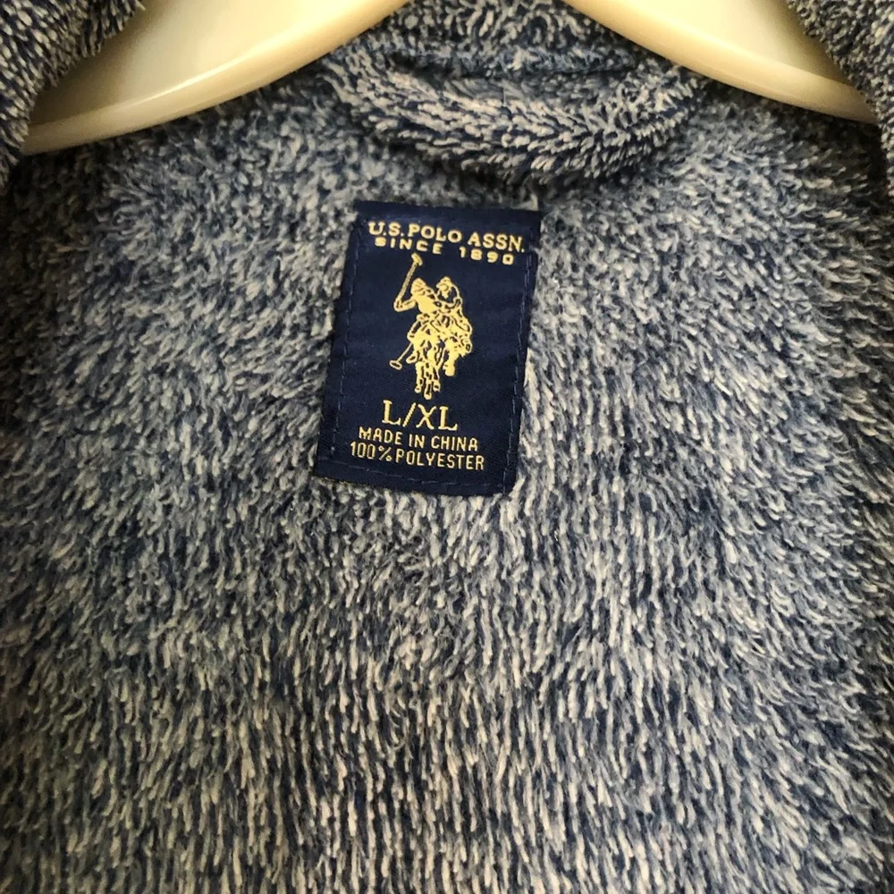 U.S. Polo Assn. Men's Blue Terry Shawl-Collar Robe with Embroidered Chest Large